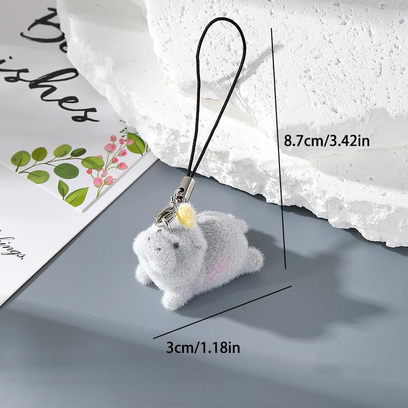 Fun Cartoon Flocking Animal Keychains Phone Lanyard Resin Cute Hexagonal Hedgehog Hippos Bag Earphone Case Pendant Girls Gift