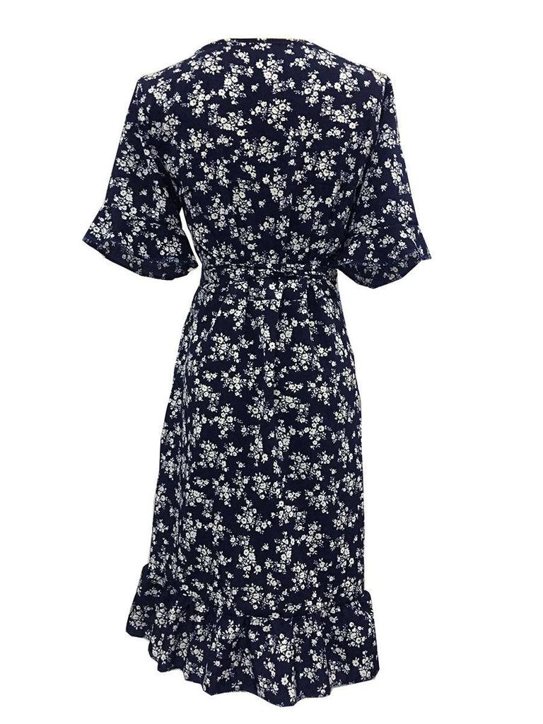 Printed V-Neck Tie High Waist Chiffon Floral Dress