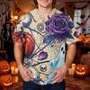 Men's Halloween Print V-Neck Scrub Top with Pocket Short Sleeve Uniform Shirt