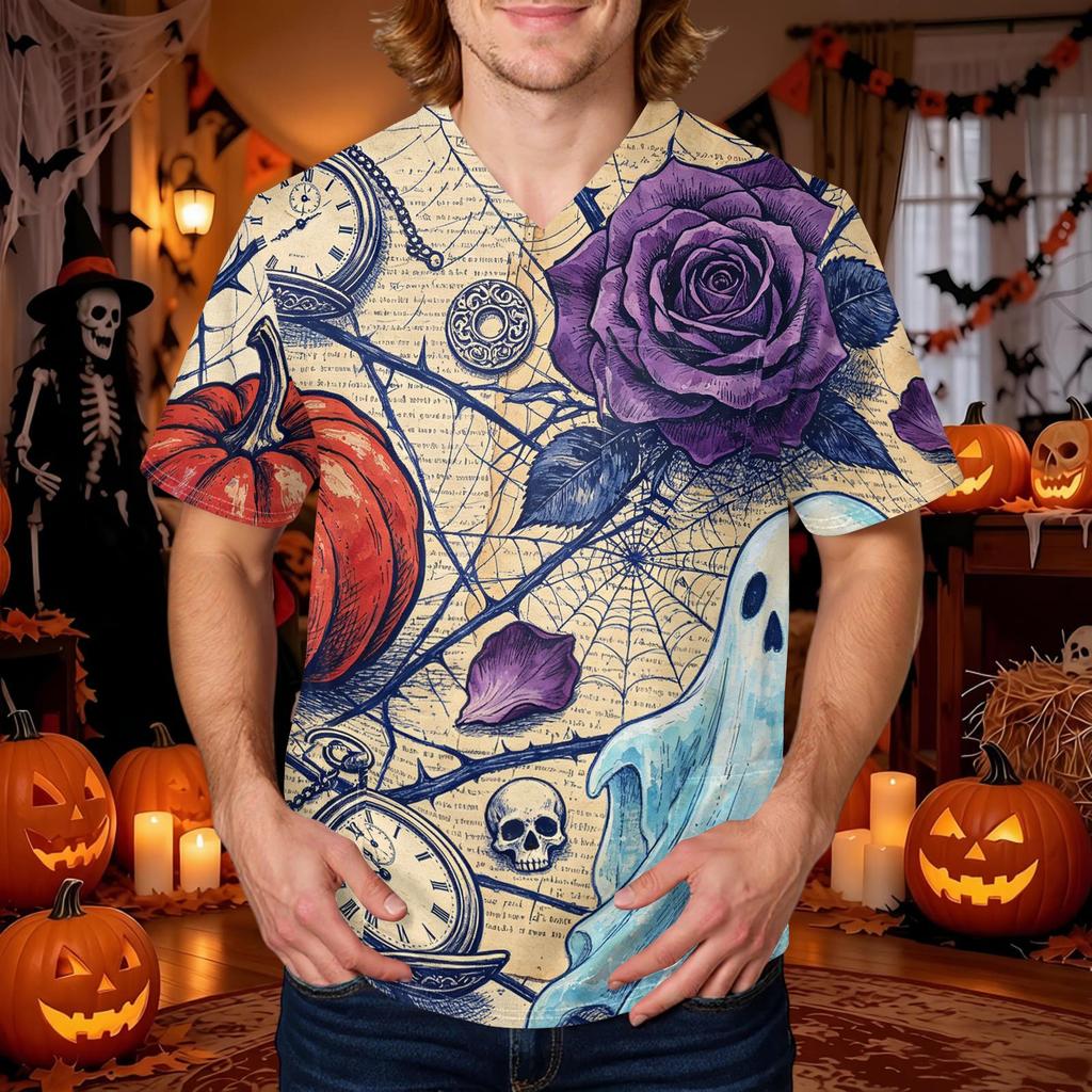 Men's Halloween Print V-Neck Scrub Top with Pocket Short Sleeve Uniform Shirt