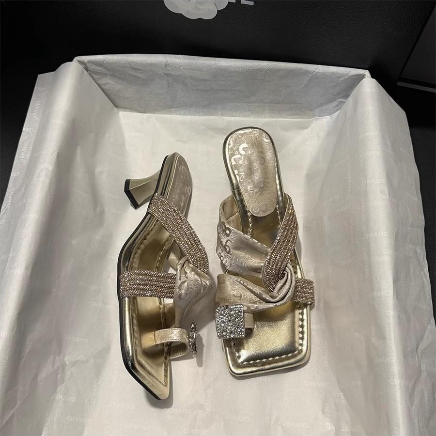 Fashion square head high heel cover toe outer slippers women's new rhinestone word with thin heels cool slippers