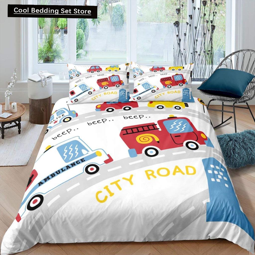 Gelbes Taxi Auto King Queen Bettbezug Jungen Cartoon Transport Bettwäscheset Rosa Stadtlandschaft Steppdeckenbezug Polyester Bettdeckenbezug