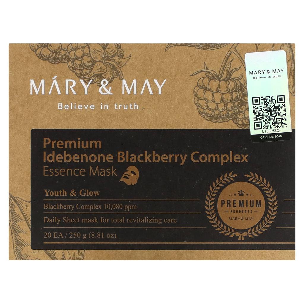 Mary & May, Premium Idebenone Blackberry Complex, Essence Beauty Mask, 20 Sheets, 12.5G(0.44Oz)