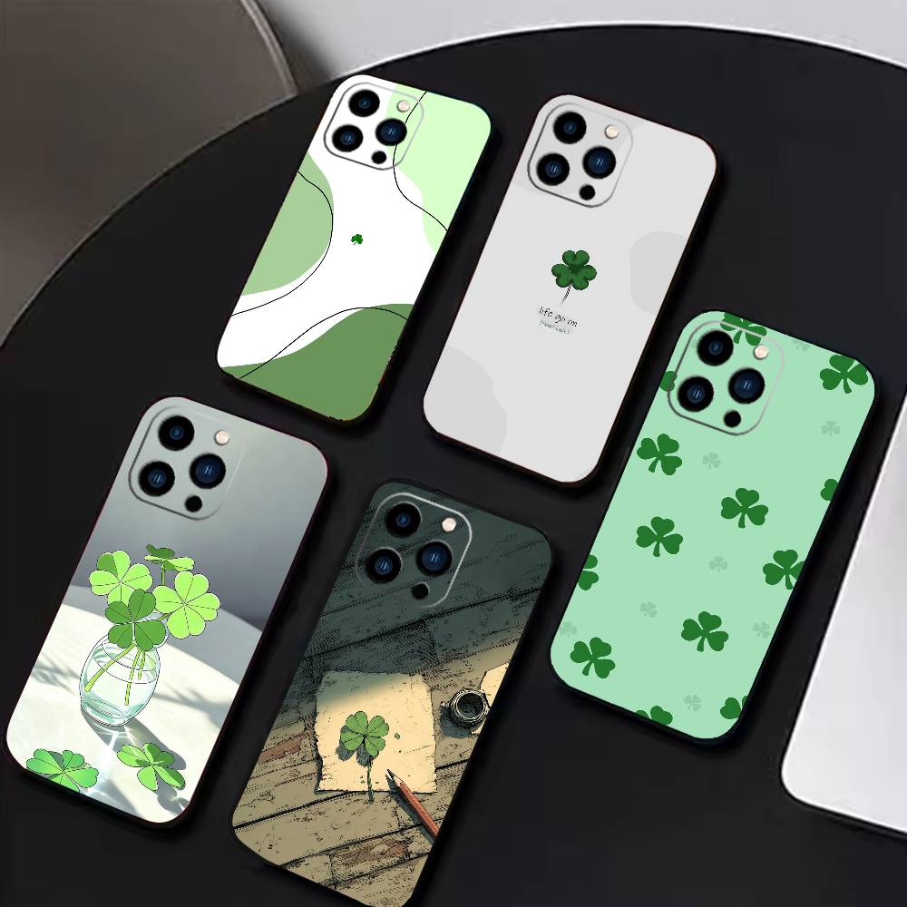 Four-leaf Clover Phone Case For iPhone 16,15,14,13,12,17,Pro Max,Plus Silicone Black Case