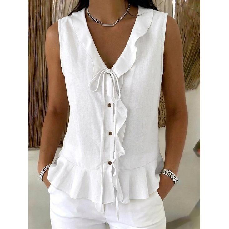 2026 Summer New V-neck Ruffle Trim Tie Sleeveless Top Women's Casual T-shirt