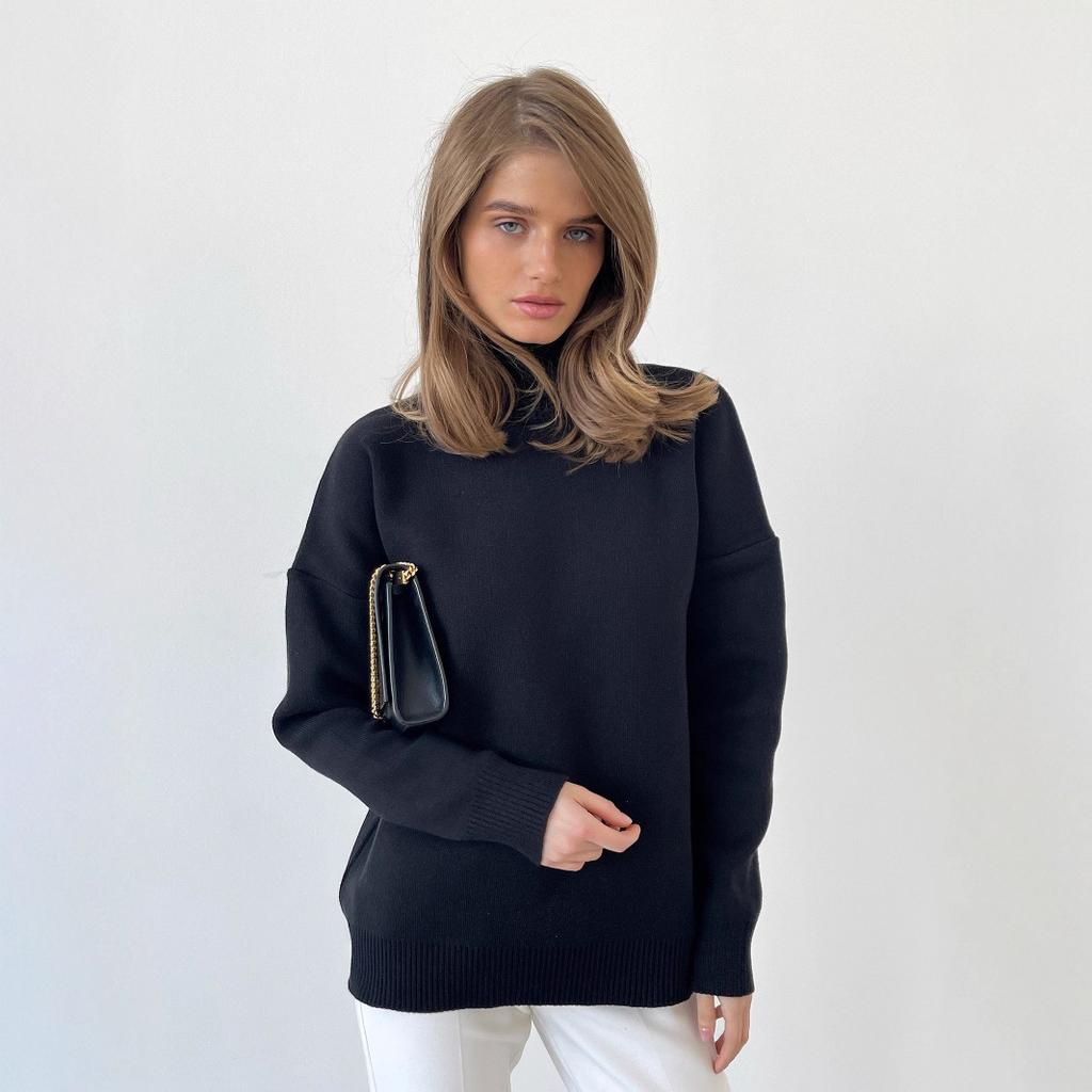 Solid Colour Half-high Collar Knitted Jumper Autumn Winter Fashion Simple Loose Warm Pullover Temperament Elegance Comfortable Long Sleeves Sweater