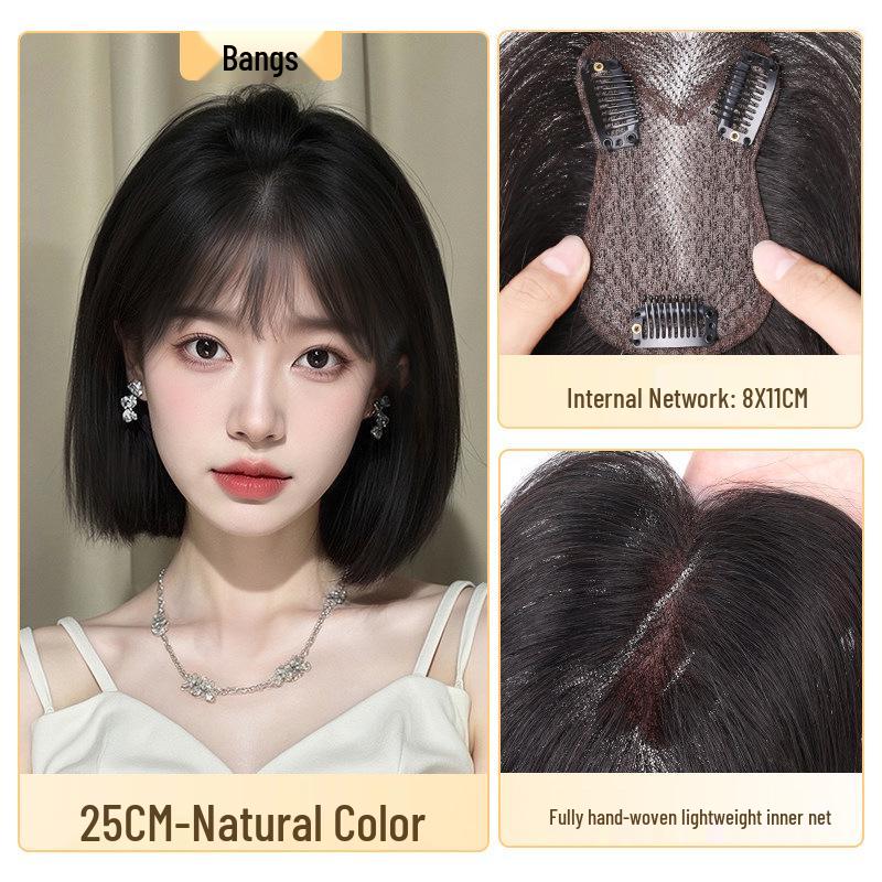 Women's Fluffy White Hair Topper - Natural, High Volume, Traceless Real Hair Bangs Patch for Full-Looking Hair.