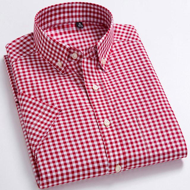 Men's Fashion Plaid Checkered Short Sleeve 100% Cotton Shirt Button-collar Holiday Youthful Striped Summer Casual Gingham Shirts