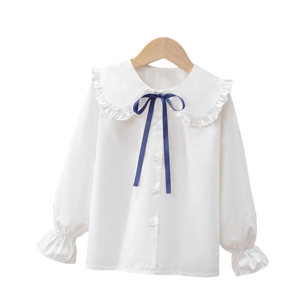 Spring & Autumn Girls' Cotton Doll Collar Long Sleeve Shirt - Casual Trendy Top for Kids