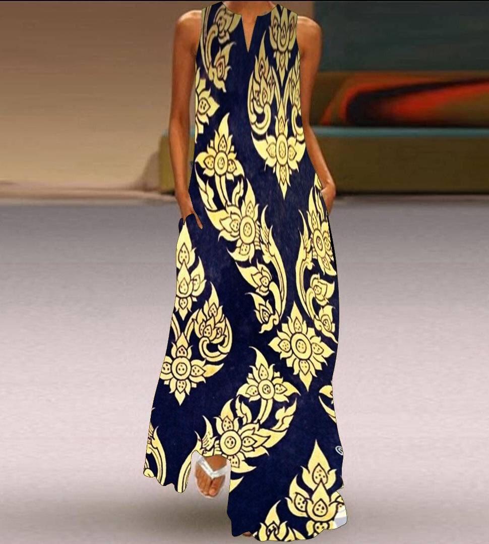 

Летнее женское платье с V-образным вырезом и принтом без рукавов, длинное платье XXL