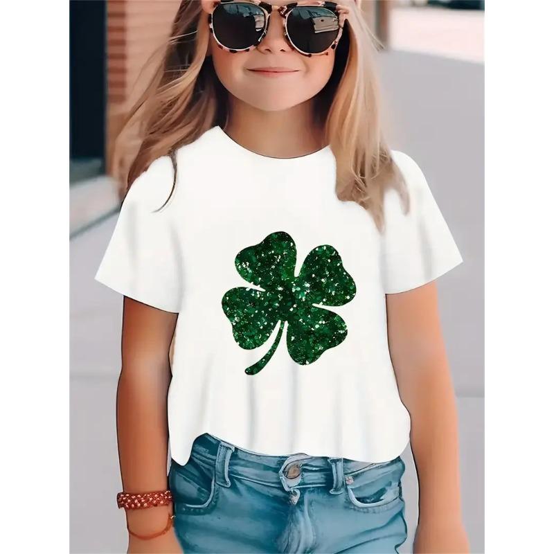 Fashionable Simple Fresh Four Leaf Clover Pattern Girls' Round Neck Pullover Short Sleeved Shirt