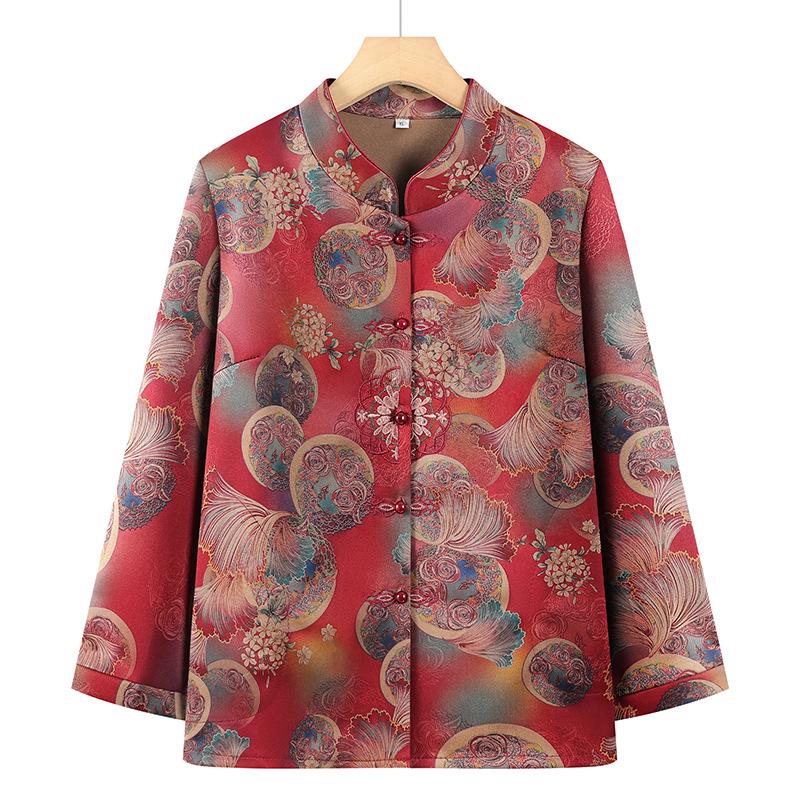 

Mother s Day Floral Nine-Sleeve Top for Moms - Spring/Summer Chinese Style Shirt for Middle-aged and Elderly Women XL (recommended for 85-100 lbs) красный