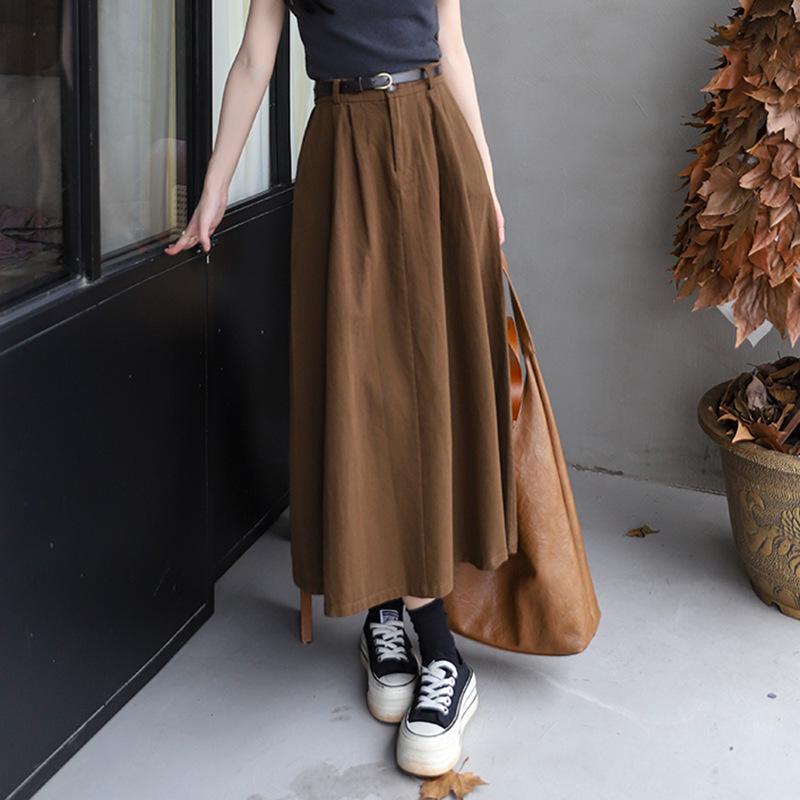 Versatile Washed Cotton Midi Skirt - High Waist, Solid Color, Double Pockets, Slimming A-line for Women, Early Autumn.