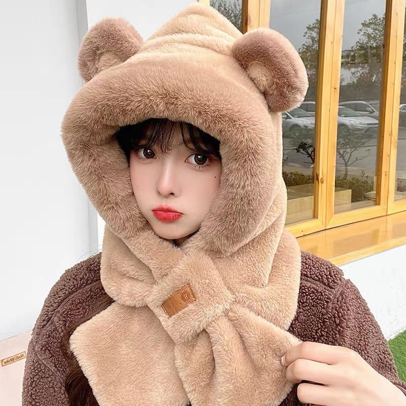 Scarf Hat Integrated Autumn and Winter Warm Plush Thickened Imitation Rabbit Fur Cute Ear Protection Hat