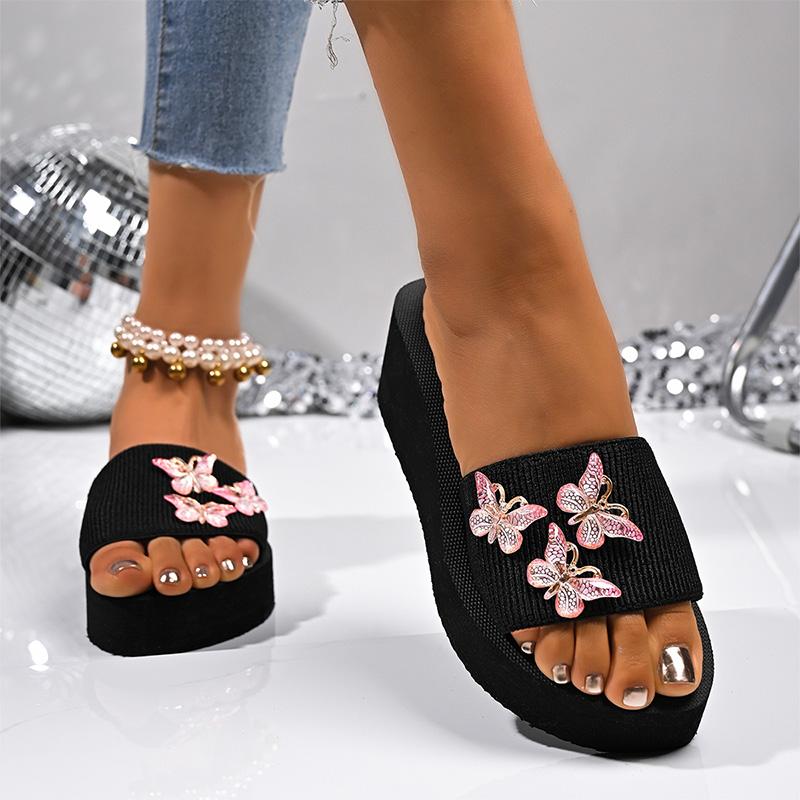 Butterfly Metal Decor Wedges Sandals  Women Thick Sole Non Slip Casual Slippers Woman Summer Plus Size Chunky Platform Slippers