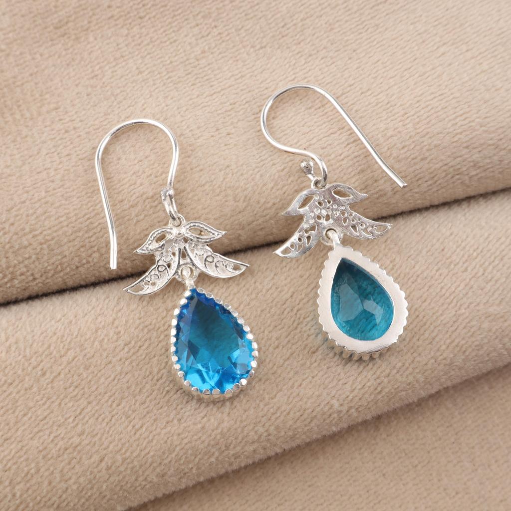 Swiss Blue Topaz Gemstone 925 Sterling Silver Jewelry Handmade Women Earrings 1.84" CE-27-3
