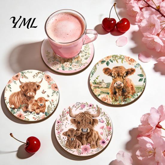 Scratch Resistant Desktop Pads Highland Cow Cork Coasters, Cute Floral Farmhouse Drink Mats with Decorative Home Kitchen Accessories Non-Slip