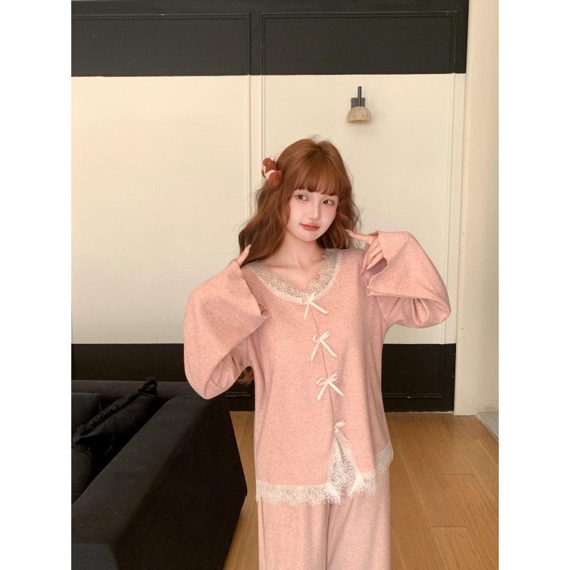 Fashion pajamas women's autumn and winter new long-sleeved towel fleece with chest pad sweet pure lust loungewear suit can be worn outside