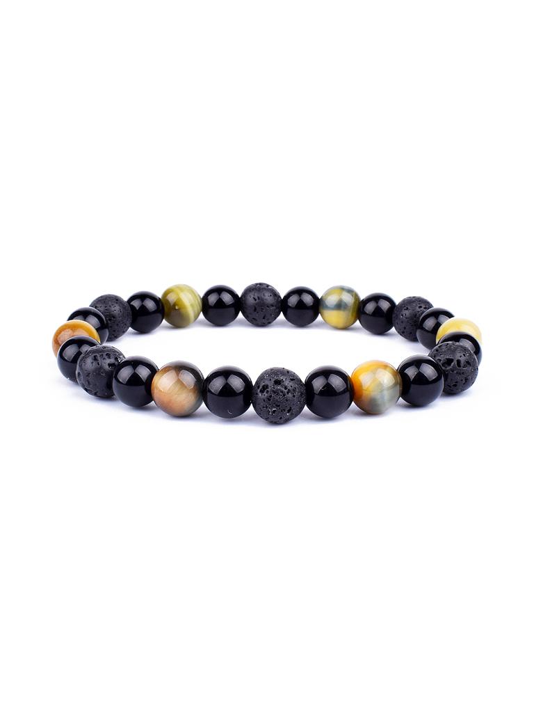 Triple Protection Natural Stone Beads Bracelet Tiger's Eye for Courage Obsidian for Grounding & Pyrite for Wealth Health Jewelry