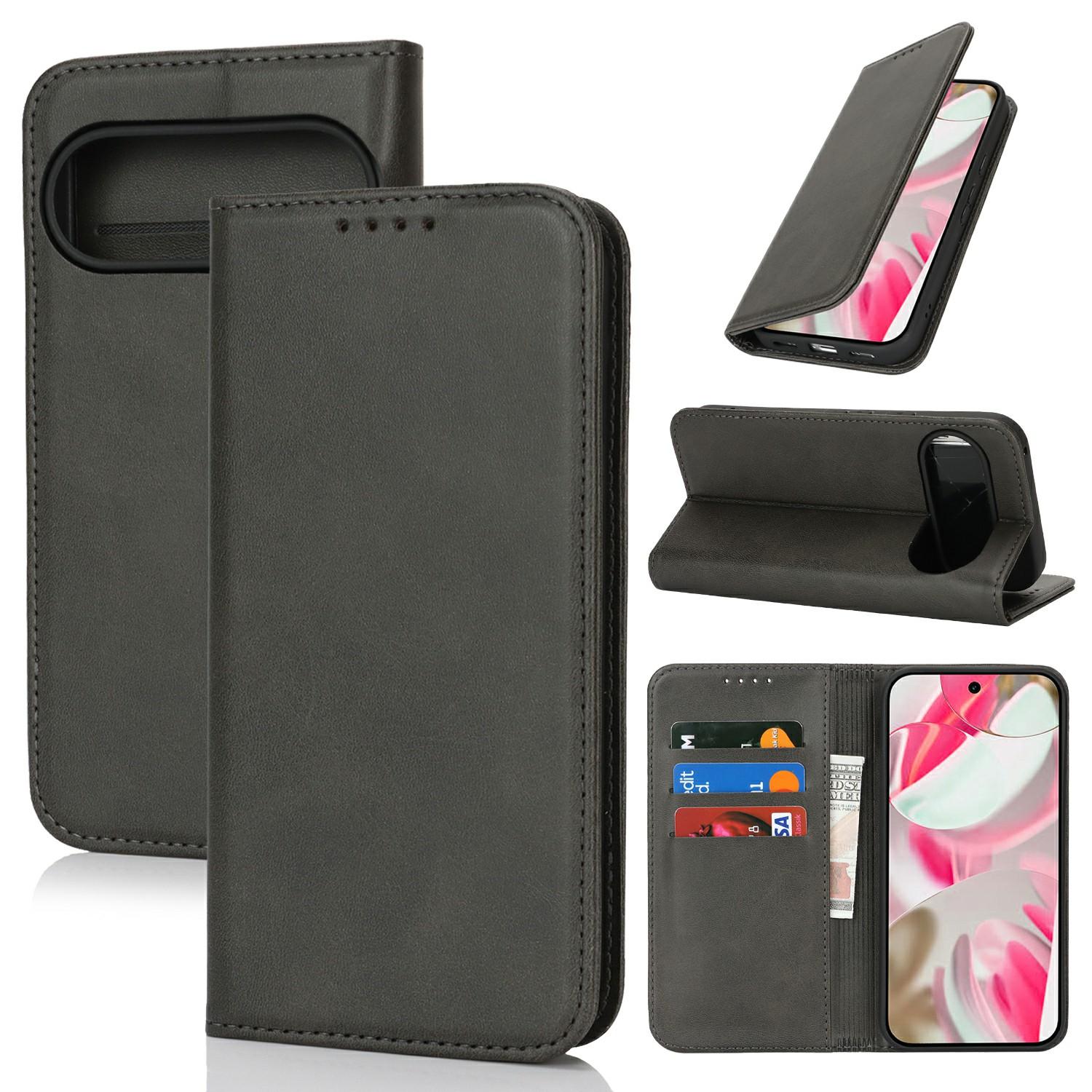 

For Google Pixel 10/10 Pro Case PU Leather Calf Textured Magnetic Closing Smart Phone Cover Black