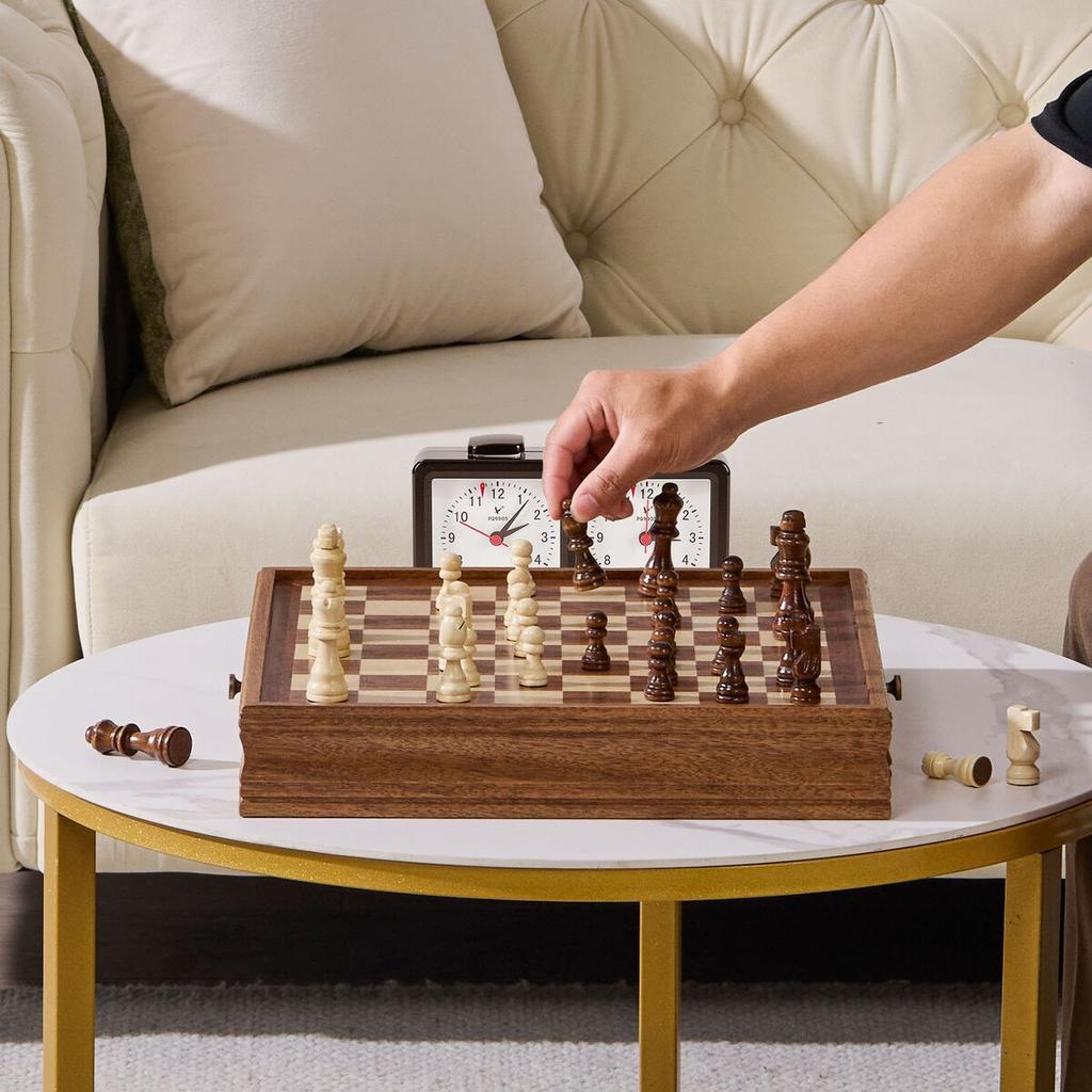 Solid Wood Chess Set, 15 Inch 2-IN-1 Chess Checkers Game Set, Chess Board Games with Storage Drawer & Weighted Chess Checkers Pieces & 2 Queens, for
