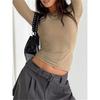 Autumn Women Slim Round Neck Cropped Tops Long Sleeve Show Navel Solid Temperament Color T-Shirt