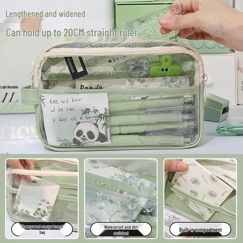 Three-Layer Large Capacity Transparent Pencil Case for Girls - Morandi Style for Students
