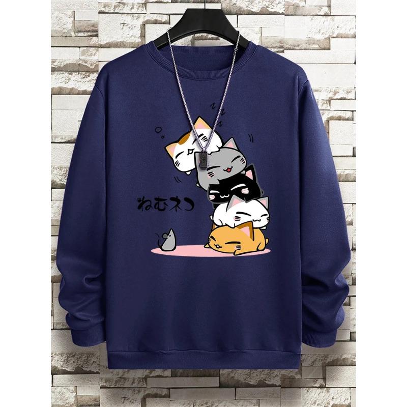

Милые кошки, одежда для сна, мужская толстовка с капюшоном и круглым вырезом, винтажные повседневные свободные толстовки с капюшоном, осенняя свободная одежда, пуловеры и длинные рукава для мужчин 3XL темно-синий