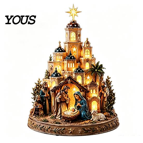 Christmas Mantel Ornament Bethlehem Nativity Church Light Tower, Lighted Village Scene with Star Glowing Religious Table Centerpiece Tower & Figurine,
