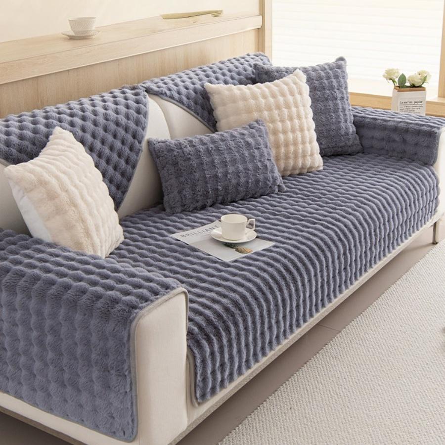Thicken Plush Stripe Immitation Rabbit Fur Non-Slip Sofa Cover, For Winter Living Room Couch Seat Decor Slipcover Sofa Towel