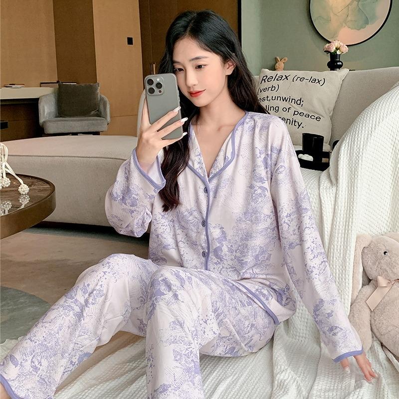 Light Purple Casual Women Pajama Cute Sleepwear Autumn Winter Long Sleeve Long Pants Soft Pyjamas Cozy Pijamas Girl Pijama Comfy