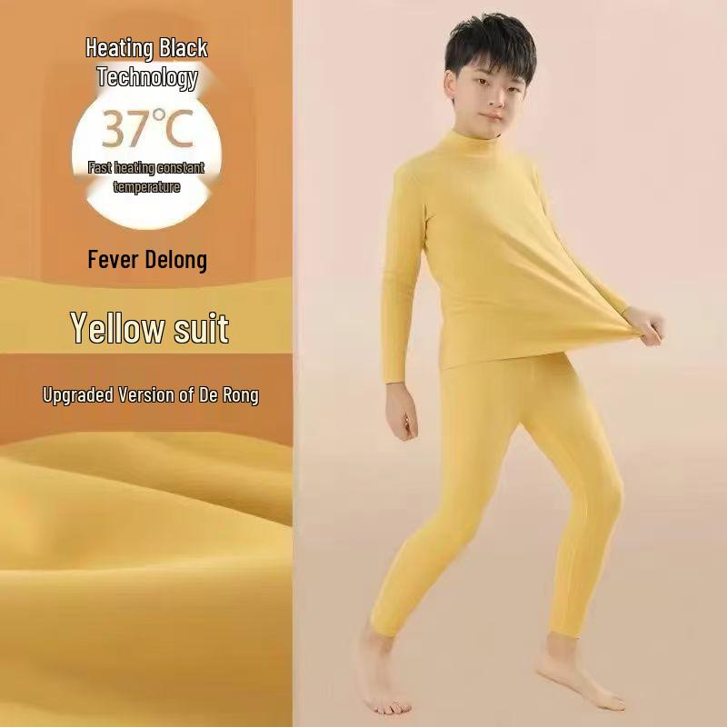 Kids' Double-Sided Fleece Warm Set: High Collar, Cold Protection, Autumn Top & Bottom, Medium/Large Sizes