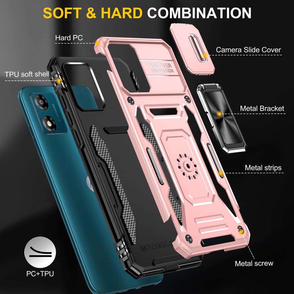 Armor Series For Motorola Moto E13 4G Slide Lens Shield Anti-drop Cover Metal Kickstand PC+TPU Phone Case