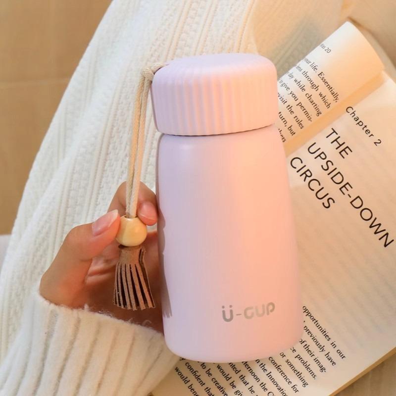 1pcs Mini Insulated Water Bottle Compact Portable Stainless Steel Flask Minimalist Travel Mug with Tassel