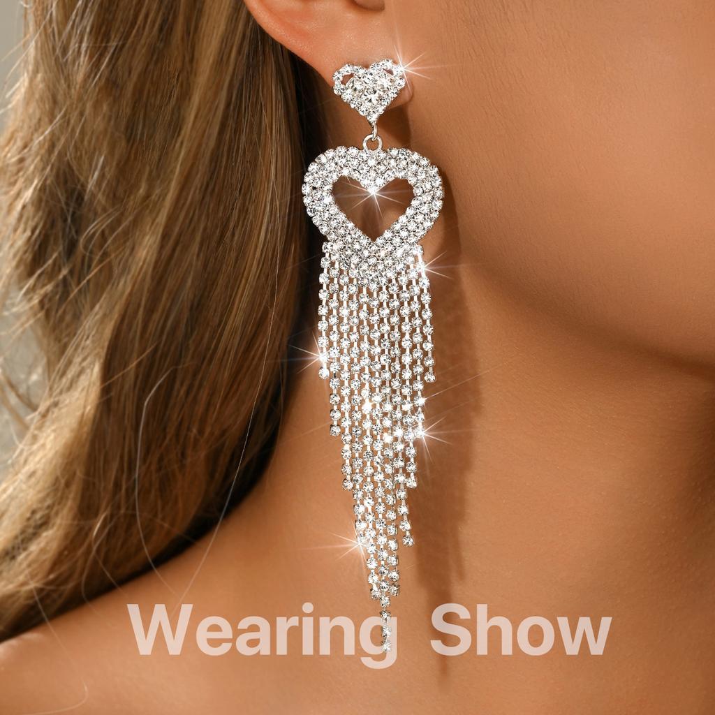 Long Tassel Rhinestone Earrings Dangle Jewelry Crystal Bridal Wedding Earrings Accessories for Women and Brides
