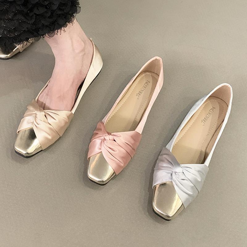 Fashion Elegant Silk Bowknot Flats Woman Gold Pointed Toe Ballets Office Ladies Dress Slip On Loafers Shallow Bridesmaide Wedding Shoes