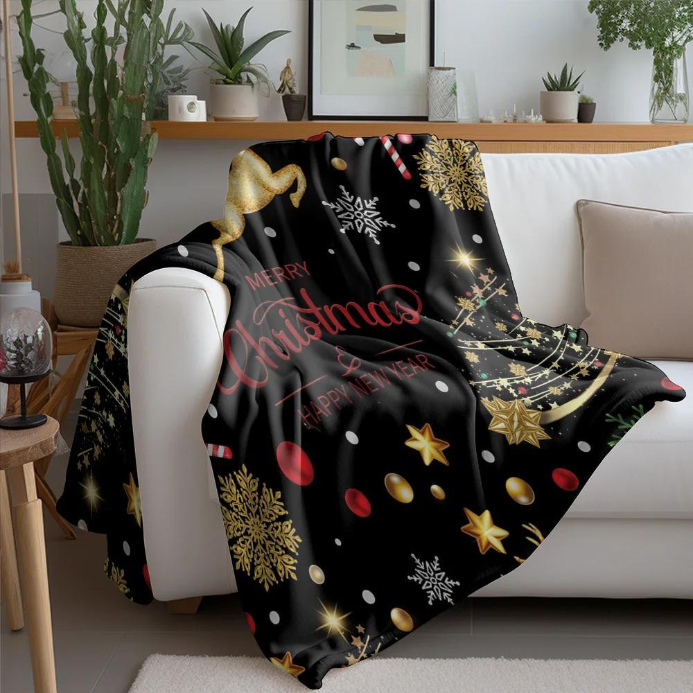 Golden Reindeer Christmas Fleece Blanket, Black with Red Holiday Greeting, Festive Throw for New Year and Xmas Decor