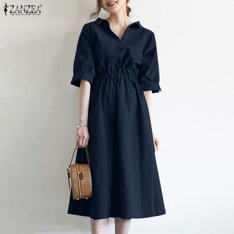ZANZEA Women Casual Turn Down Collar Solid Color Loose Half Sleeve Dress