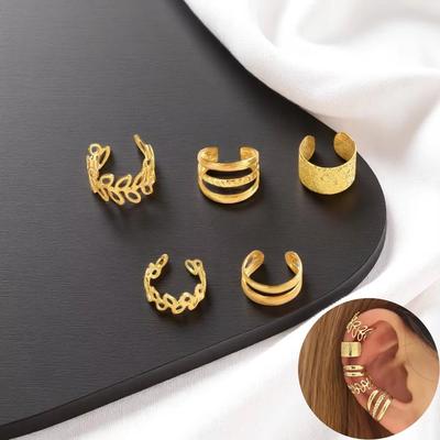 5 pièces/set Tendance Élégant Design Manchette d'Oreille Style Classique Élégant Boucles d'Oreilles à Clip Sans Perçage pour Femmes Forme de Feuille Cercle Forme Empilée