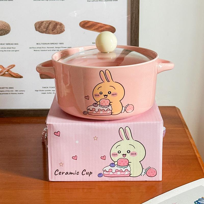 High-value Cute Tableware Ceramic Instant Noodle Bowl with Lid Children's Rice Bowl Student Dormitory Instant Noodle Bowl Binaural Soup Bowl