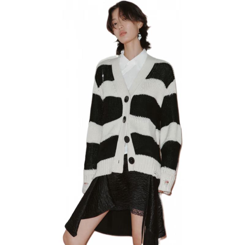 MO&Co. 2024 Spring Lambswool Cashmere Blend Distressed Striped V-Neck Sweater