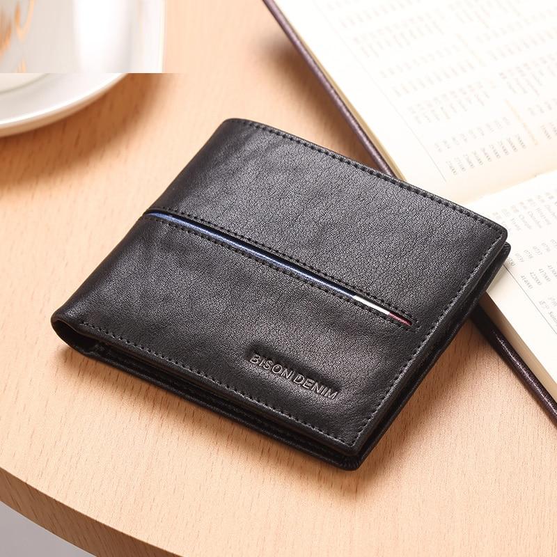 Bison Denim Mode Luxus Männer Brieftaschen Aus Echtem Leder Kurze Design Männlichen Schlank Bifold Brieftasche Tasche