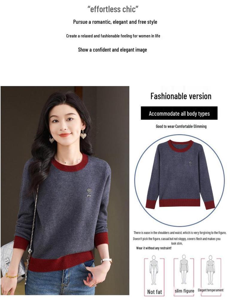 2025 Spring/Autumn Color Block Knit Women's Long Sleeve Sweater Jumper