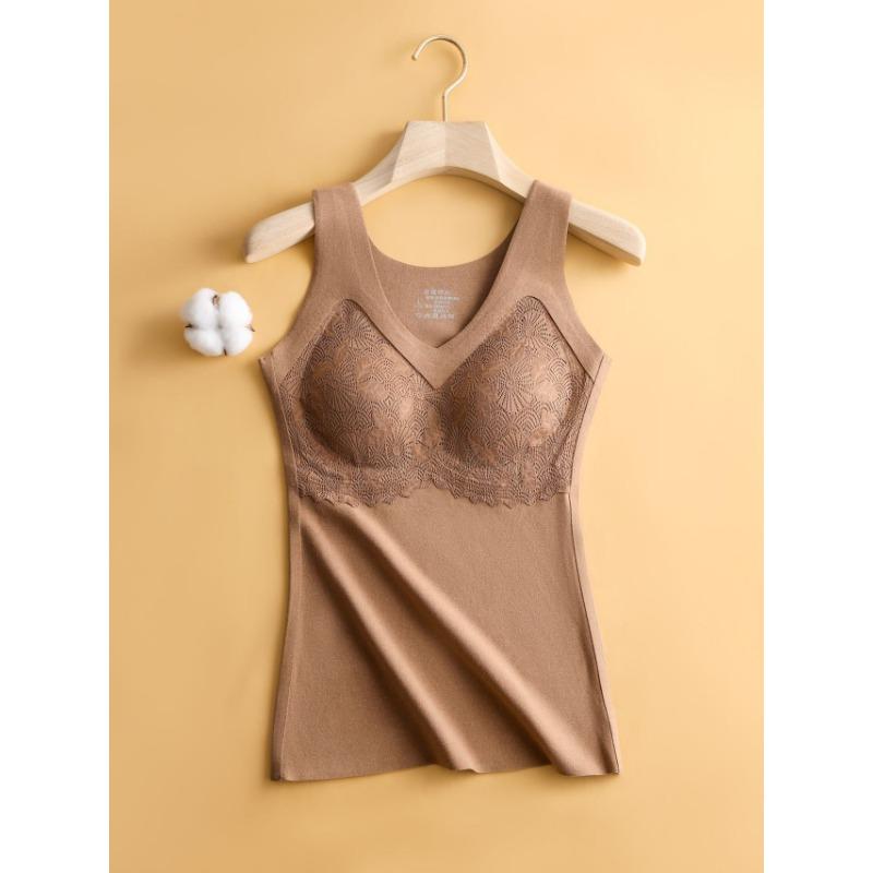 Women Thick Self Heating Thermal Vest With Built In Bra Pad Warm Lace Underwear