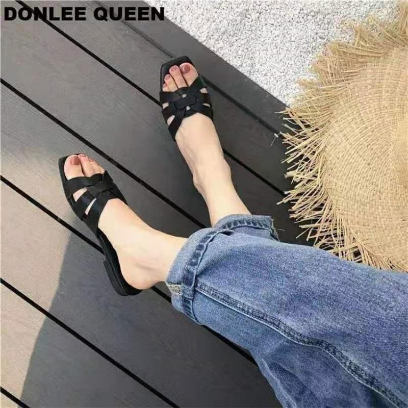 Summer new sandals large size flat bottom square head casual hollow beach shoes women's slippers snals