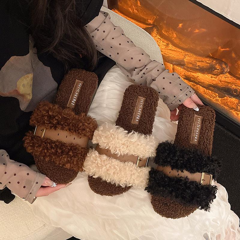 Thick-bottomed fluffy slippers women's autumn and winter outer wear 2025 new belt buckle curly hair cute outer wear one-word cotton mop