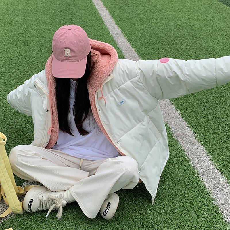 Lamb wool fake two pieces of down cotton jacket for women, 2025 new couple collegiate style loose thickened padded jacket trend