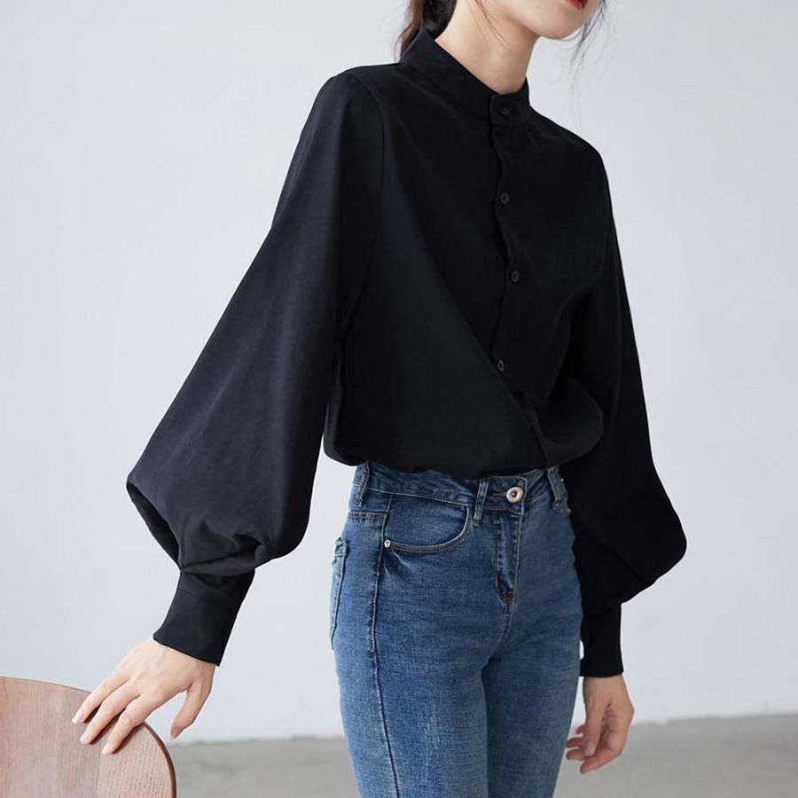 Black Stand Collar Shirt for Women, Trendy Petite French Style Elegant Shirt, Retro Hongmei Sleeve Top