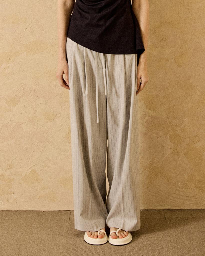 PADO SEOUL String Double-Pleated Wide Pants Gray Stripe