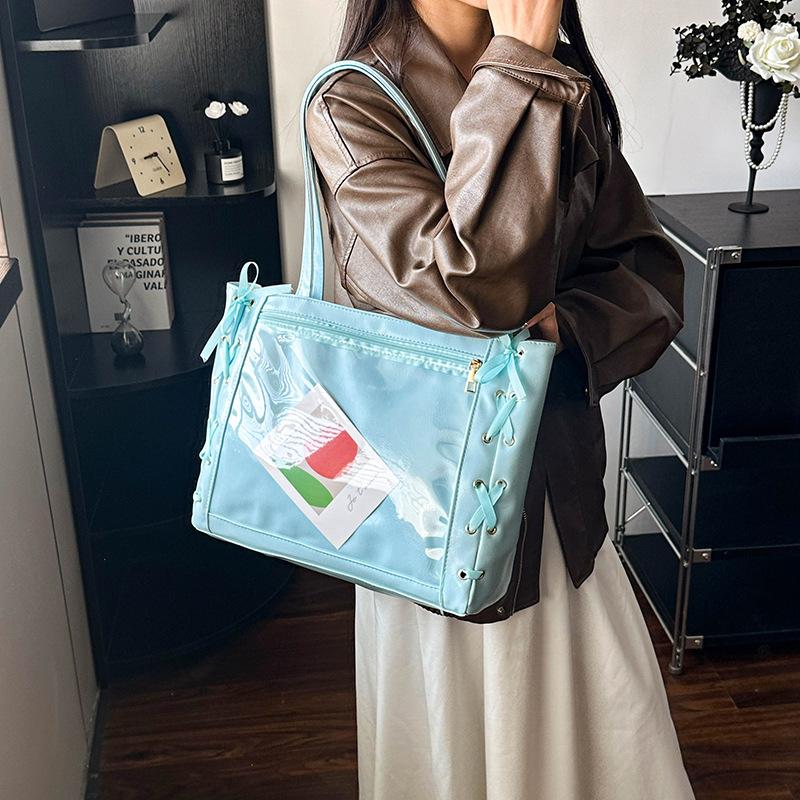 This Year's Popular Ribbon Bow 2025 Cute Large-capacity Splicing Transparent Fashion Shoulder Portable Tote Bag
